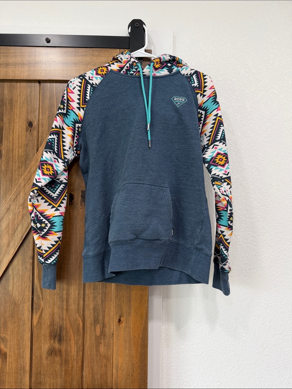 Hooey Teal Hooded Sweatshirt with Multicolor Tribal Trim